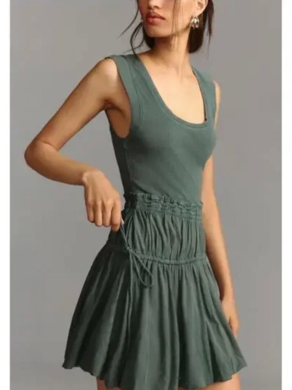 Daily Practice Sleeveless Gathered Waist Tank Dress in Olive Green size Large